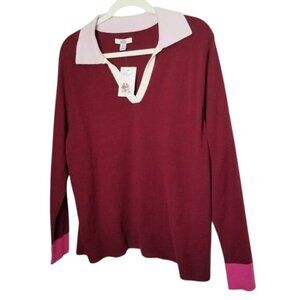 Croft & Barrow NWT Burgundy Long Sleeve Polo Sweater Pink White Accents L Petite